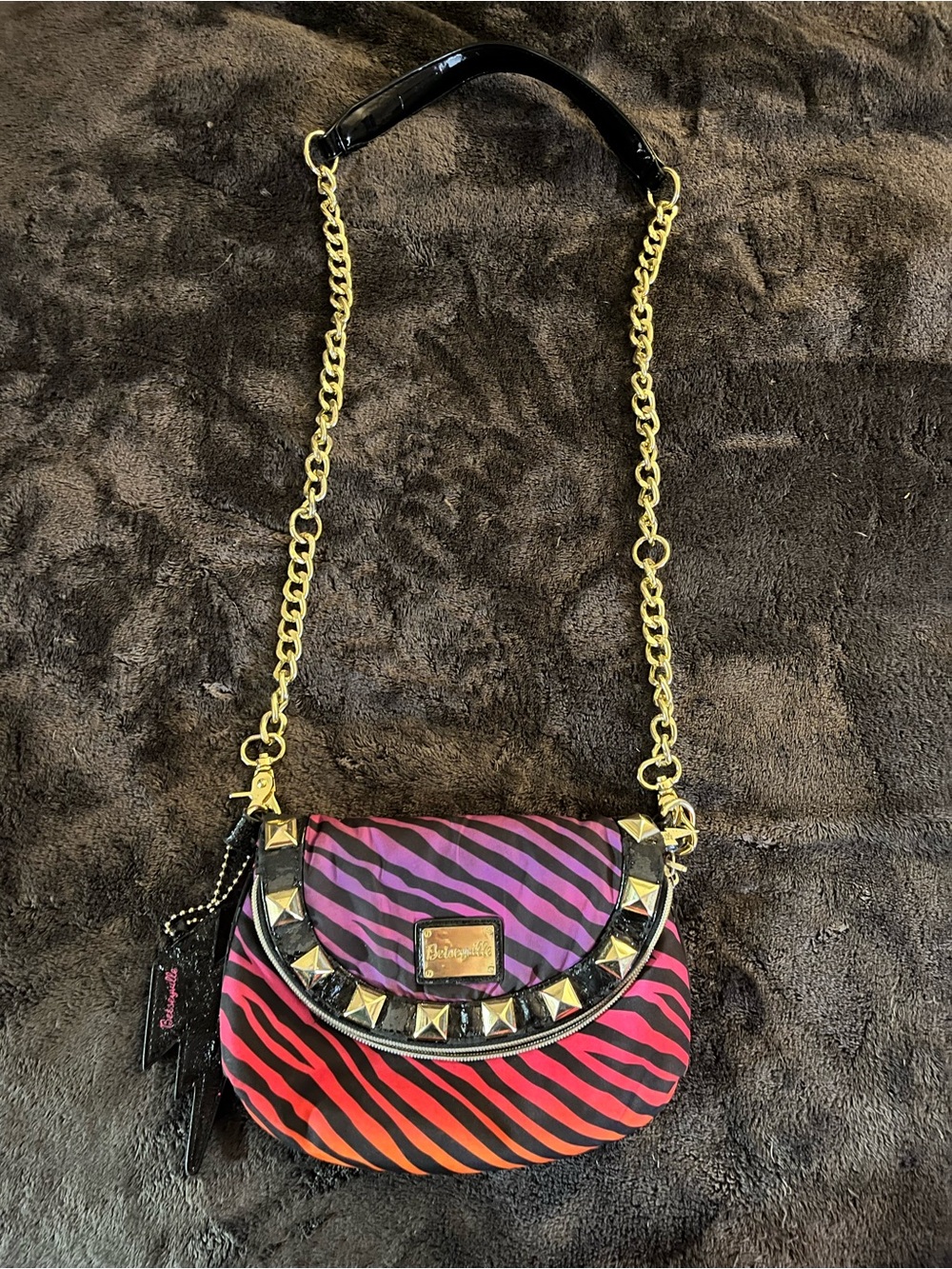 Betsey Johnson Purple Pink Orange Zebra Studded Crossbody Bag